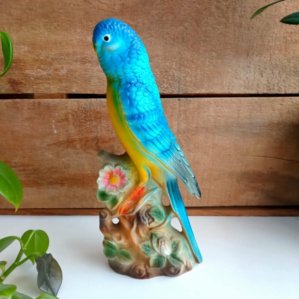 Parakeet Budgie Bird Figurine, Vintage Japan, Painted Ceramic Blue Yellow